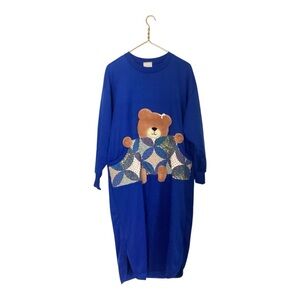 VTG 90s Adonna Blue Teddy Bear Fuzzy Sleeping Long Cozy Christmas Pajama Size L